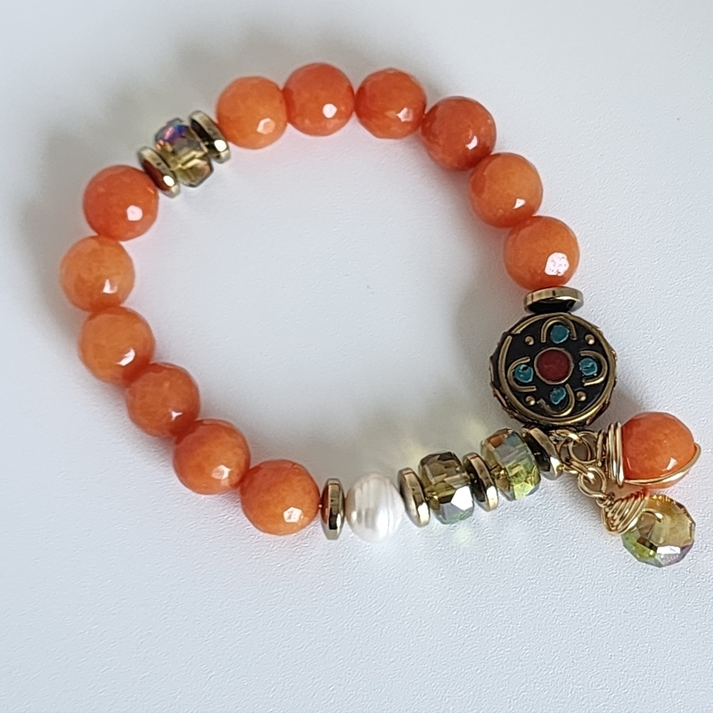 Orange Beaded Bracelet with Gold Accents